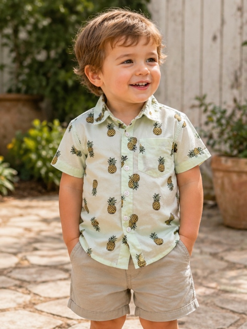 Alex & Jack Boys Pineapple Print Button Down Shirt 2TLight Green Tropical Summer
